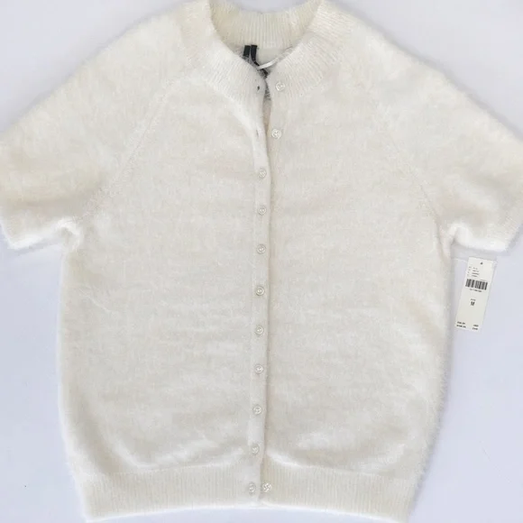 Anthropologie Eyelash Knit Cardigan Ivory Fuzzy Button Front M NWT - Picture 2 of 7